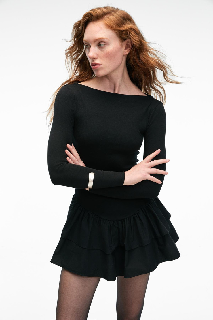 TRUSEA Kadın Üstü Esnek Eteği Dokuma Kumaşlı Regular Mini Siyah Elbise