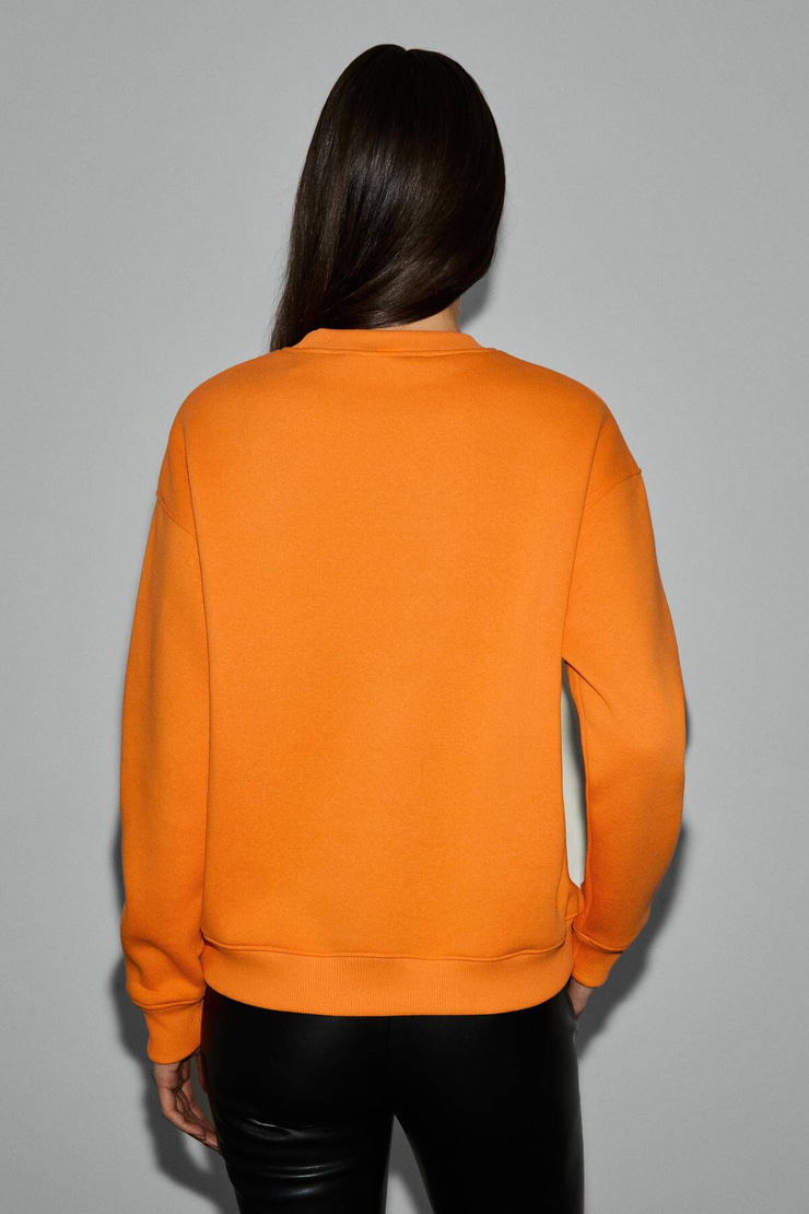 VANELTINA Kadın Organik Pamuklu Yumuşacık İçi Polarlı Yuvarlak yakalı Turuncu Sweatshirt