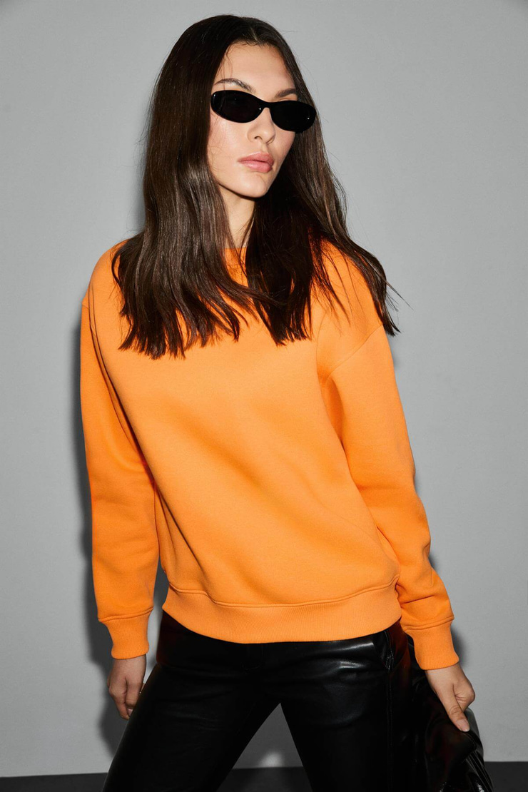 VANELTINA Kadın Organik Pamuklu Yumuşacık İçi Polarlı Yuvarlak yakalı Turuncu Sweatshirt