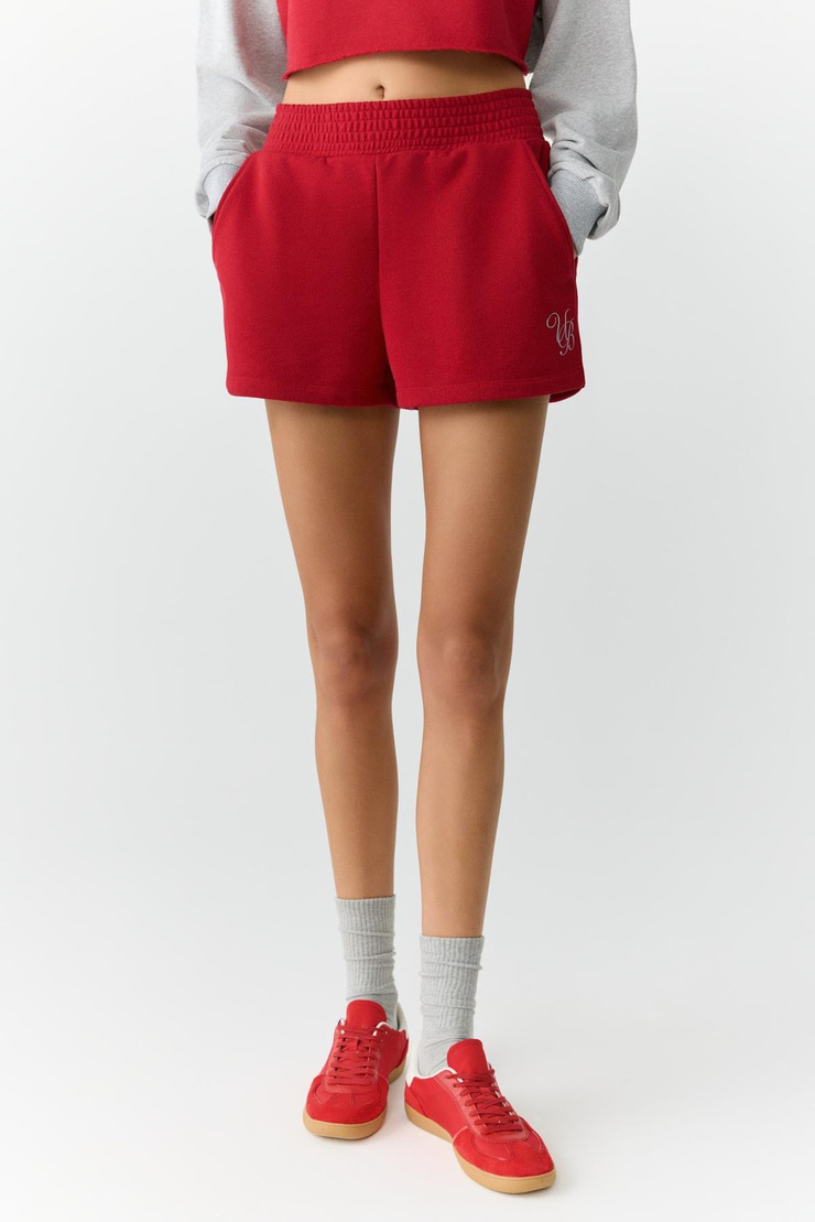 VANLOO  Kadın Beli Lastikli Cepli Parça Baskı Relaxed Kırmızı Şort