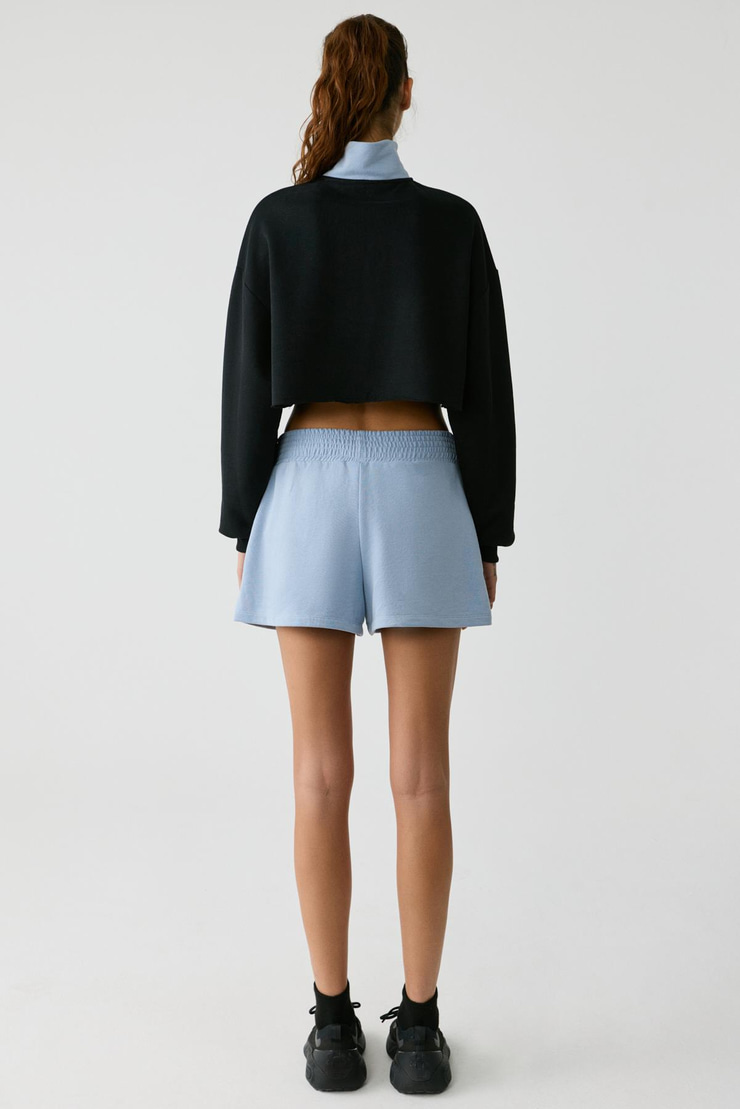 VANLOO  Kadın Beli Lastikli Cepli Parça Baskı Relaxed Açık Mavi Şort