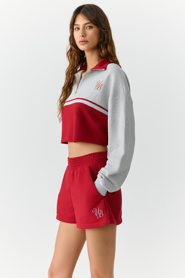 VANLOO  Kadın Beli Lastikli Cepli Parça Baskı Relaxed Kırmızı Şort