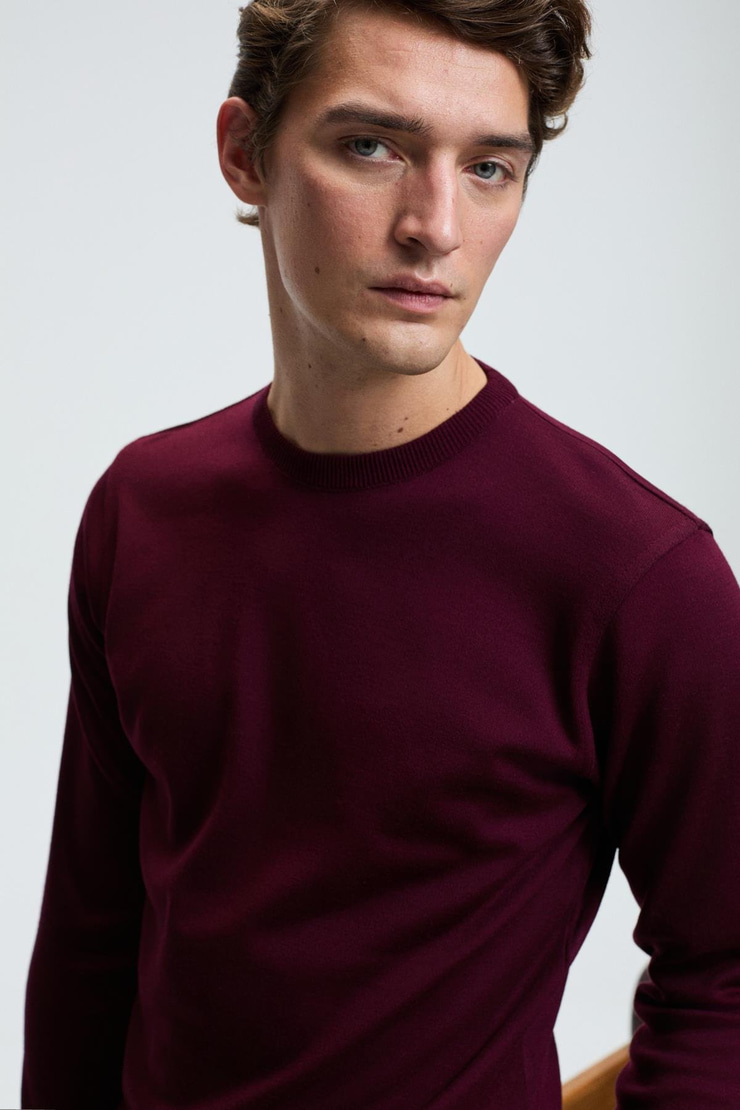 VAREX Erkek Yuvarlak Yaka Basic Regular Fit Triko Bordo Kazak