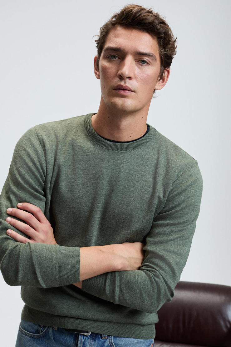 VAREX Erkek Yuvarlak Yaka Basic Regular Fit Triko Haki Kazak