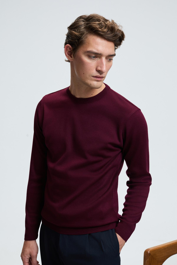 VAREX Erkek Yuvarlak Yaka Basic Regular Fit Triko Bordo Kazak