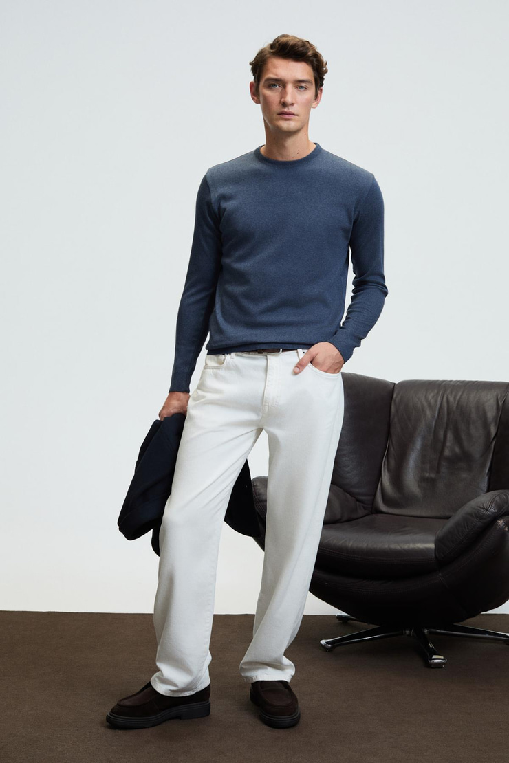 VAREX Erkek Yuvarlak Yaka Basic Regular Fit Triko Mavi Kazak