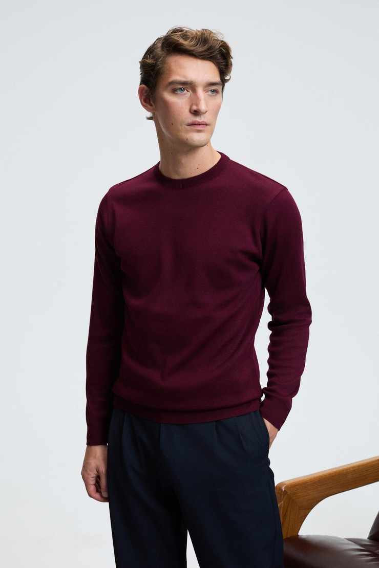 VAREX Erkek Yuvarlak Yaka Basic Regular Fit Triko Bordo Kazak