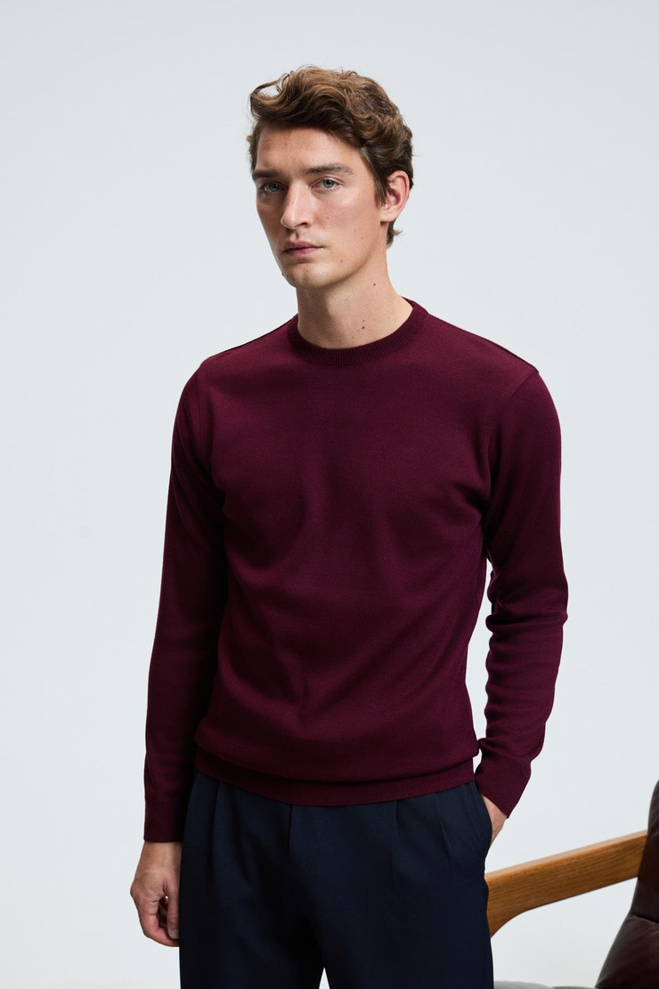 VAREX Erkek Yuvarlak Yaka Basic Regular Fit Triko Bordo Kazak