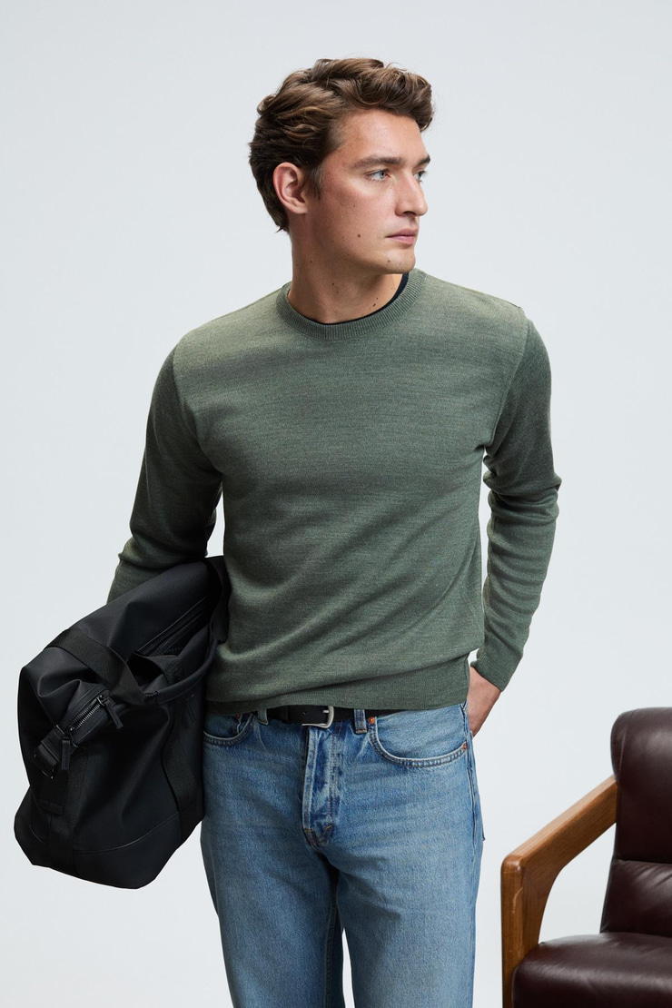 VAREX Erkek Yuvarlak Yaka Basic Regular Fit Triko Haki Kazak