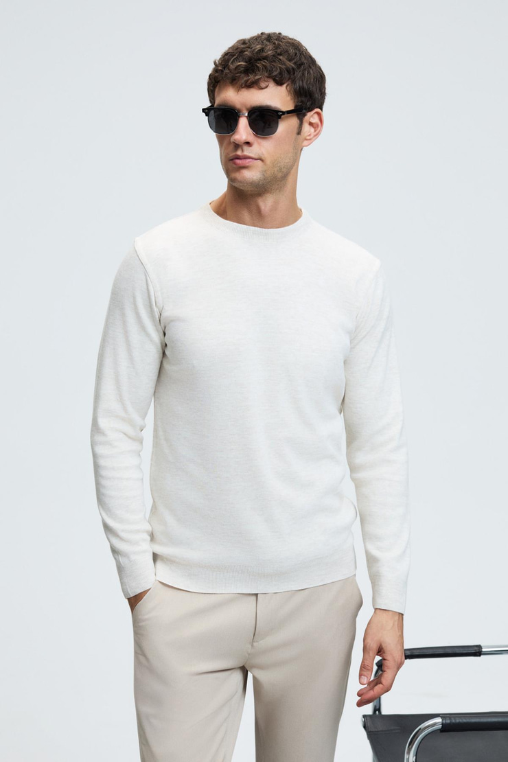 VAREX Erkek Yuvarlak Yaka Basic Regular Fit Triko Ekru Kazak