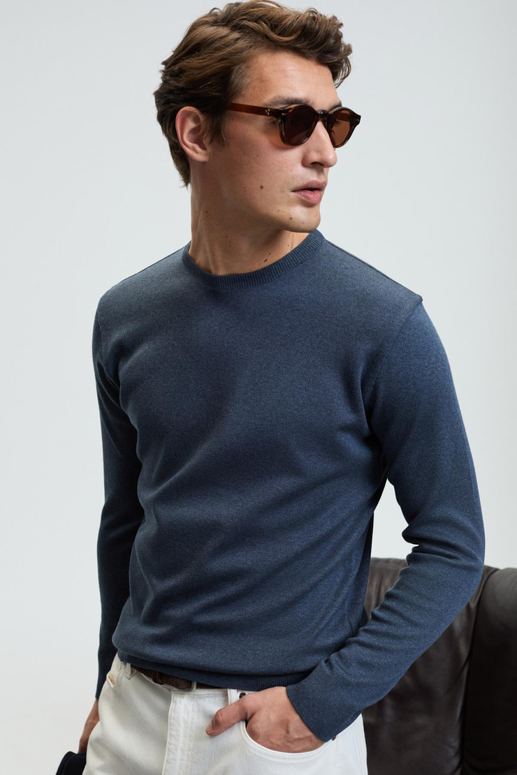 VAREX Erkek Yuvarlak Yaka Basic Regular Fit Triko Mavi Kazak