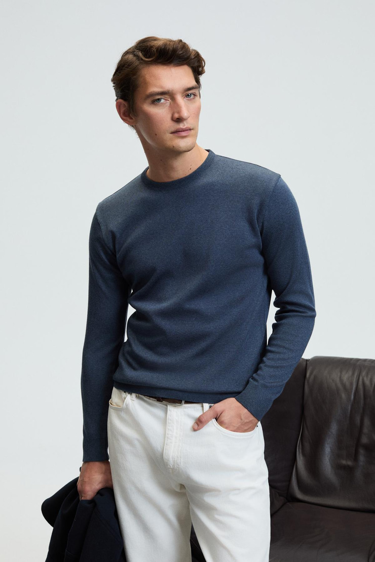 VAREX Erkek Yuvarlak Yaka Basic Regular Fit Triko Mavi Kazak