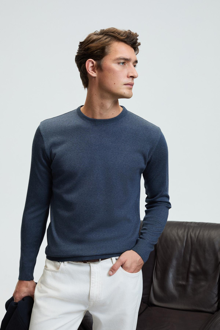 VAREX Erkek Yuvarlak Yaka Basic Regular Fit Triko Mavi Kazak