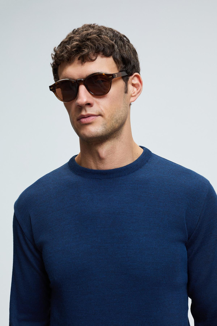 VAREX Erkek Yuvarlak Yaka Basic Slim Fit Triko İndigo Kazak