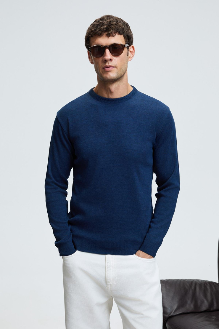 VAREX Erkek Yuvarlak Yaka Basic Slim Fit Triko İndigo Kazak