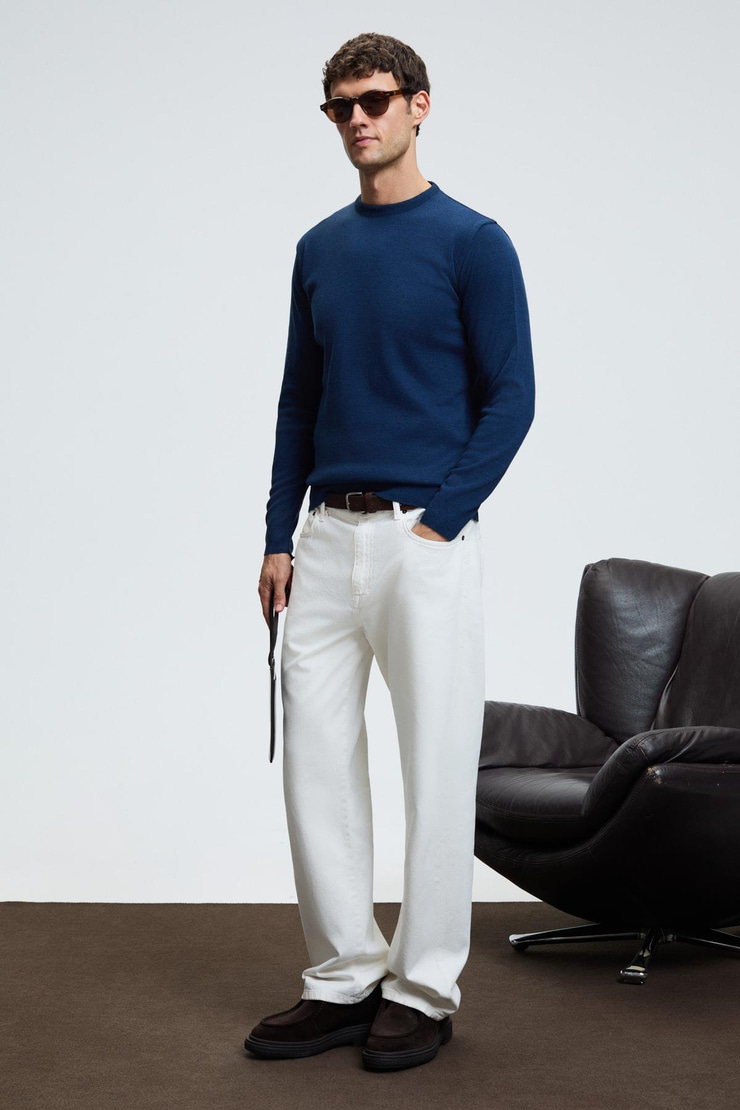 VAREX Erkek Yuvarlak Yaka Basic Slim Fit Triko İndigo Kazak