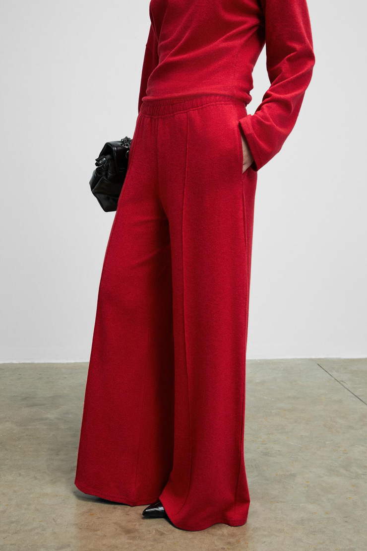 VELAN Kadın Yumuşak Ve Esnek Kumaşlı Geniş Paçalı Kırmızı Eşofman Altı