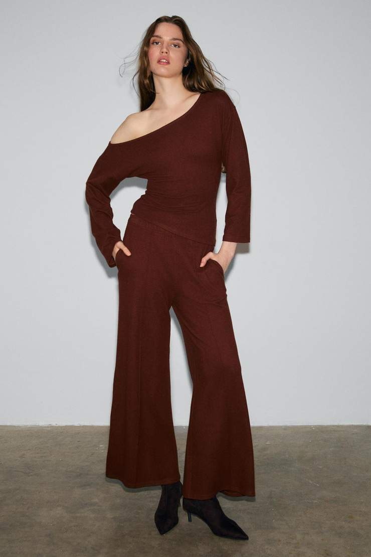 VELAN Kadın Yumuşak Ve Esnek Kumaşlı Geniş Paçalı Koyu Kahverengi Eşofman Altı