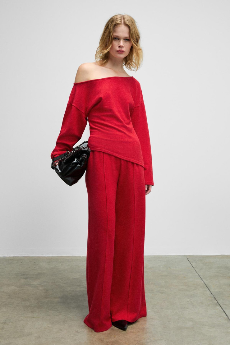 VELAN Kadın Yumuşak Ve Esnek Kumaşlı Geniş Paçalı Kırmızı Eşofman Altı