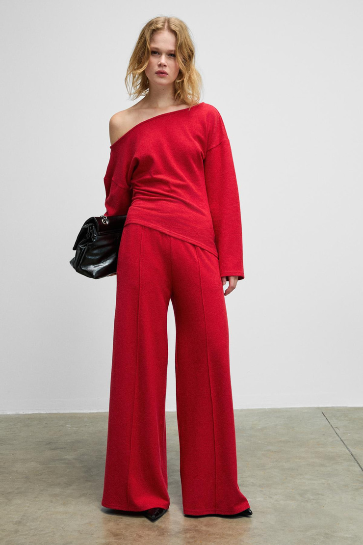 VELAN Kadın Yumuşak Ve Esnek Kumaşlı Geniş Paçalı Kırmızı Eşofman Altı