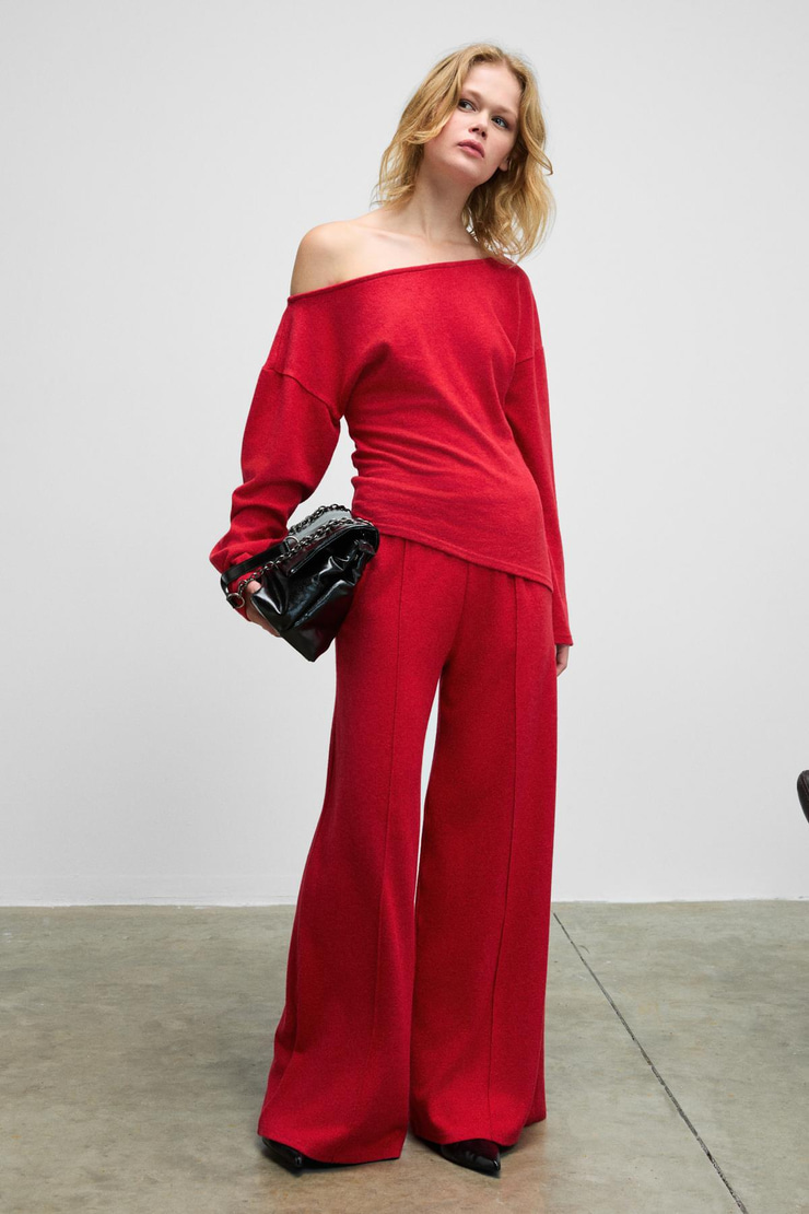 VELAN Kadın Yumuşak Ve Esnek Kumaşlı Geniş Paçalı Kırmızı Eşofman Altı