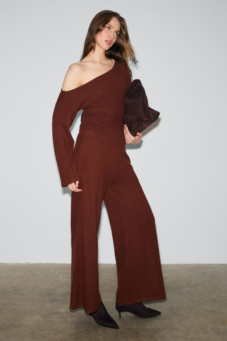 VELAN Kadın Yumuşak Ve Esnek Kumaşlı Geniş Paçalı Koyu Kahverengi Eşofman Altı