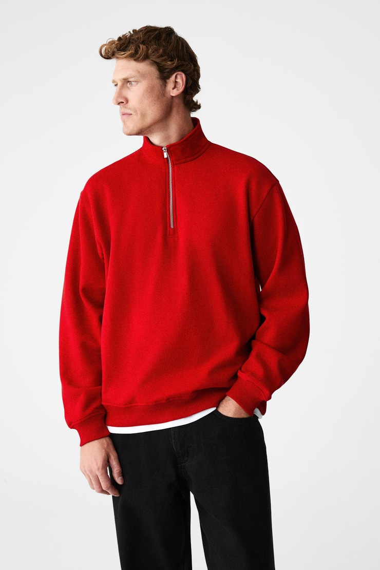 VELVETY Erkek Pamuklu İçi Polarlı Dik Yaka Fermuarlı Uzun Kollu Regular Fit Kırmızı Sweatshirt