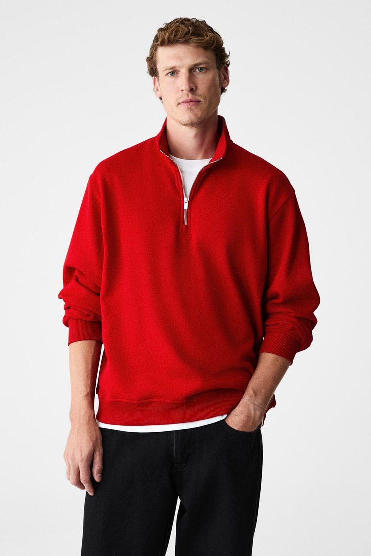 VELVETY Erkek Pamuklu İçi Polarlı Dik Yaka Fermuarlı Uzun Kollu Regular Fit Kırmızı Sweatshirt