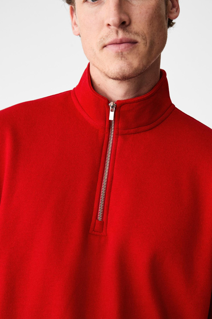 VELVETY Erkek Pamuklu İçi Polarlı Dik Yaka Fermuarlı Uzun Kollu Regular Fit Kırmızı Sweatshirt