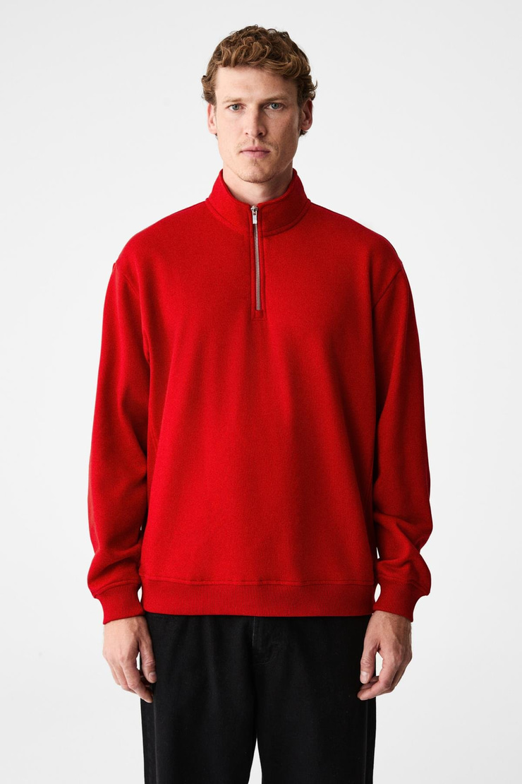 VELVETY Erkek Pamuklu İçi Polarlı Dik Yaka Fermuarlı Uzun Kollu Regular Fit Kırmızı Sweatshirt