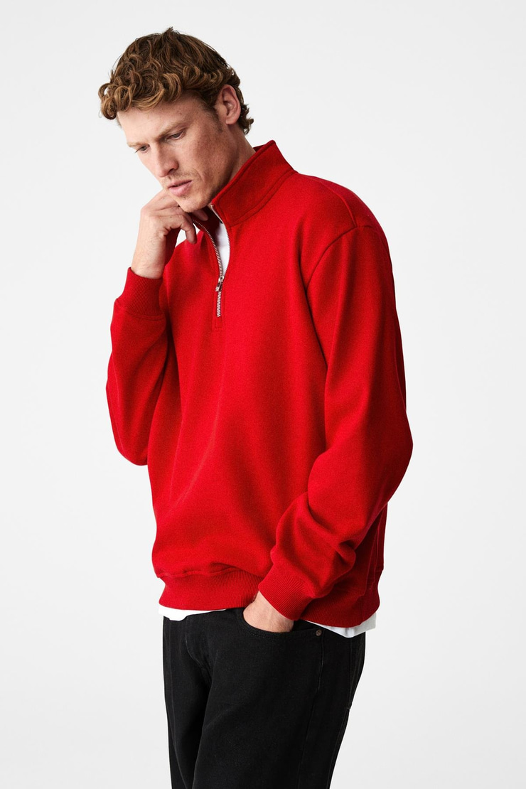 VELVETY Erkek Pamuklu İçi Polarlı Dik Yaka Fermuarlı Uzun Kollu Regular Fit Kırmızı Sweatshirt