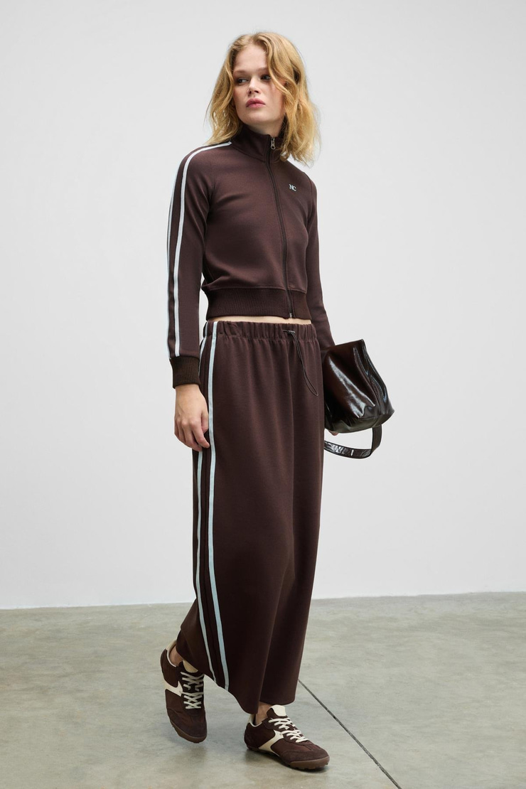 VERALIA Kadın Yanları Kontrast Renk Panelli Regular Fit Kahverengi Etek