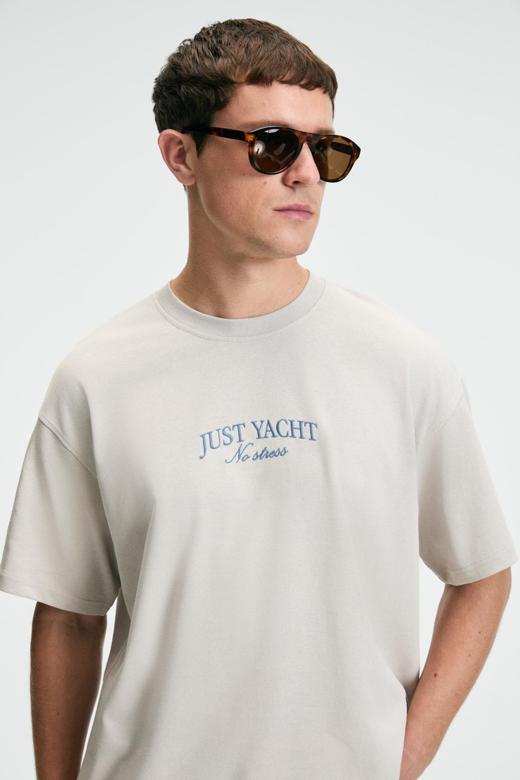 VEYRON Erkek %100 Pamuk Oversize Fit Baskılı Kısa Kollu Yuvarlak Yakalı Bej T-Shirt