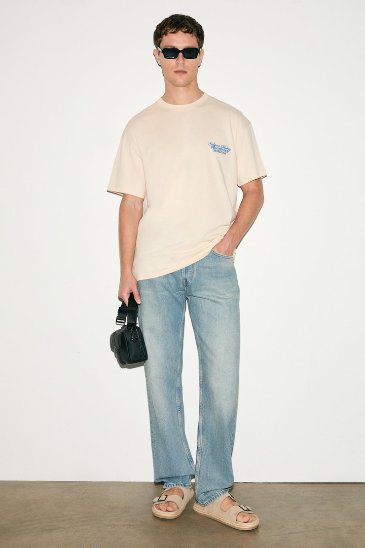 VEYRON Erkek %100 Pamuk Oversize Fit Baskılı Kısa Kollu Yuvarlak Yakalı Vanilya T-Shirt