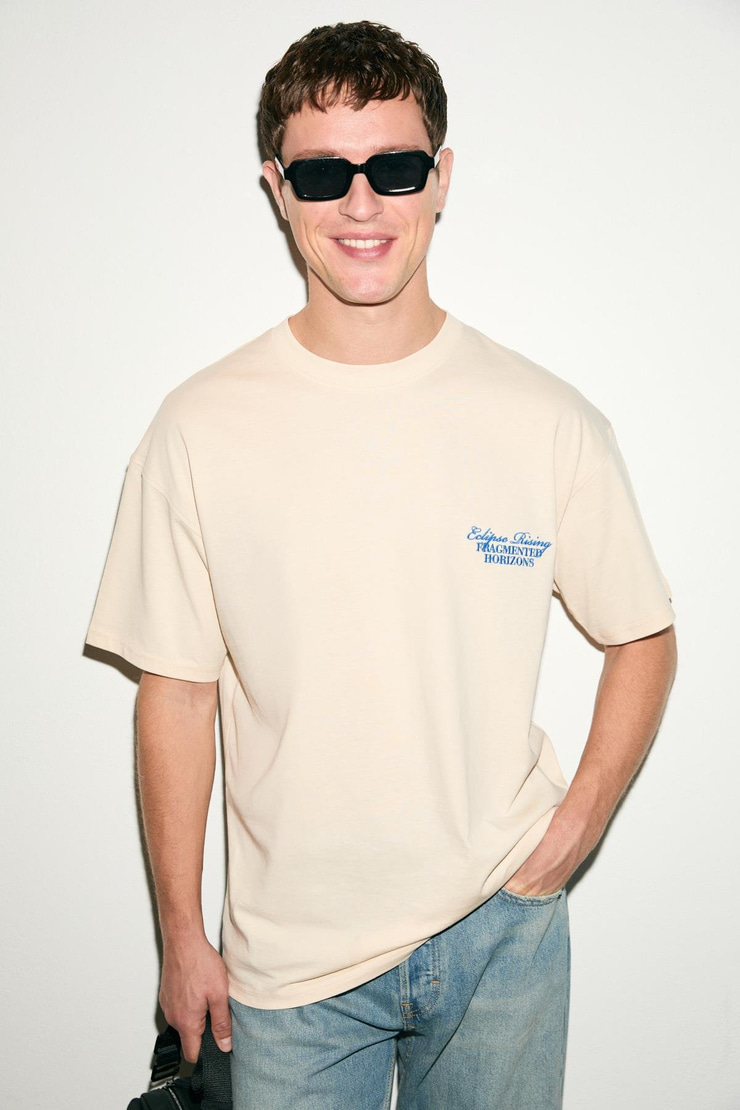 VEYRON Erkek %100 Pamuk Oversize Fit Baskılı Kısa Kollu Yuvarlak Yakalı Vanilya T-Shirt