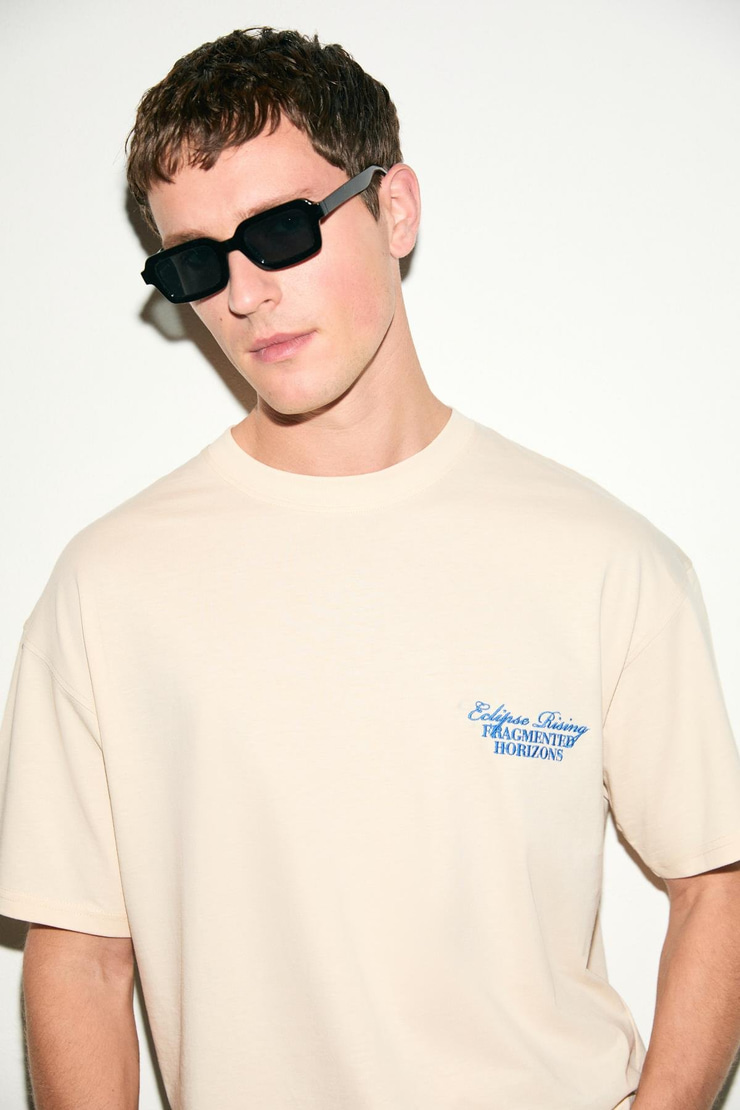 VEYRON Erkek %100 Pamuk Oversize Fit Baskılı Kısa Kollu Yuvarlak Yakalı Vanilya T-Shirt