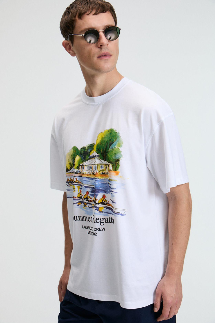 VEYRON Erkek %100 Pamuk Oversize Fit Baskılı Kısa Kollu Yuvarlak Yakalı Beyaz T-Shirt