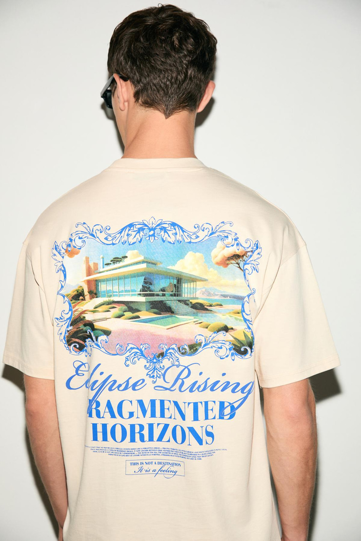 VEYRON Erkek %100 Pamuk Oversize Fit Baskılı Kısa Kollu Yuvarlak Yakalı Vanilya T-Shirt