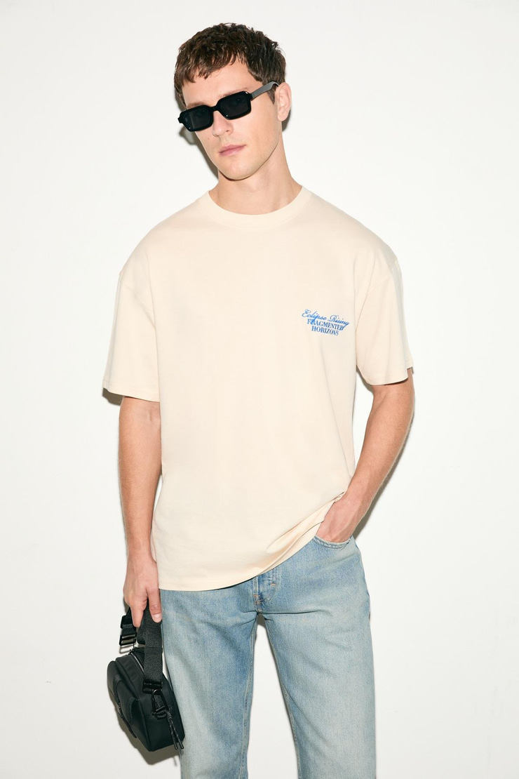 VEYRON Erkek %100 Pamuk Oversize Fit Baskılı Kısa Kollu Yuvarlak Yakalı Vanilya T-Shirt