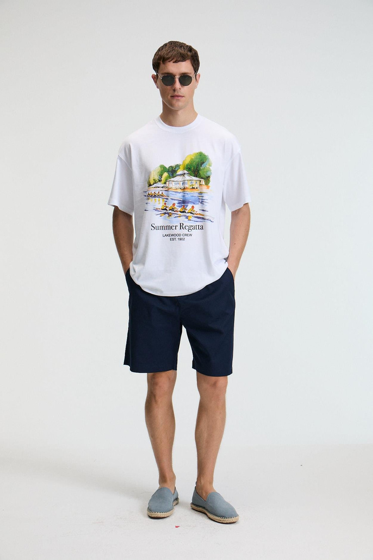 VEYRON Erkek %100 Pamuk Oversize Fit Baskılı Kısa Kollu Yuvarlak Yakalı Beyaz T-Shirt