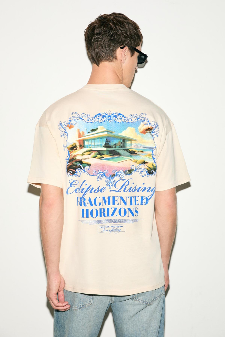 VEYRON Erkek %100 Pamuk Oversize Fit Baskılı Kısa Kollu Yuvarlak Yakalı Vanilya T-Shirt