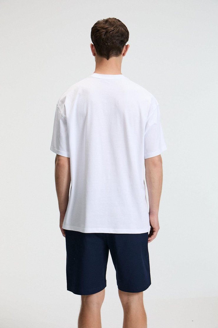 VEYRON Erkek %100 Pamuk Oversize Fit Baskılı Kısa Kollu Yuvarlak Yakalı Beyaz T-Shirt