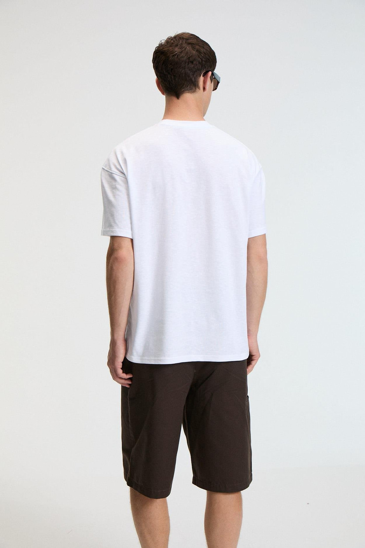 VIBE Erkek %100 Pamuk Oversıze Fit Baskılı Kısa Kollu Yuvarlak Yakalı Beyaz T-Shirt