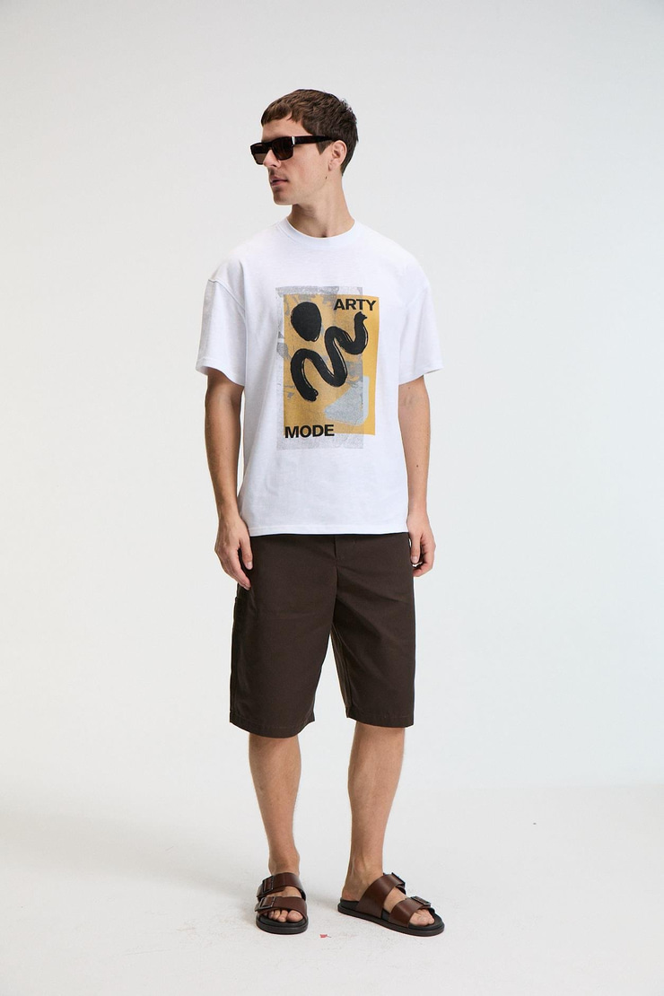 VIBE Erkek %100 Pamuk Oversıze Fit Baskılı Kısa Kollu Yuvarlak Yakalı Beyaz T-Shirt