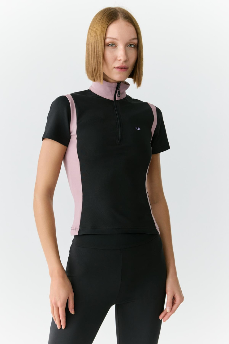 VICKIE Kadın Dik Yakalı Fermuarlı Kısa Kollu Siyah-Gül Kurusu T-Shirt