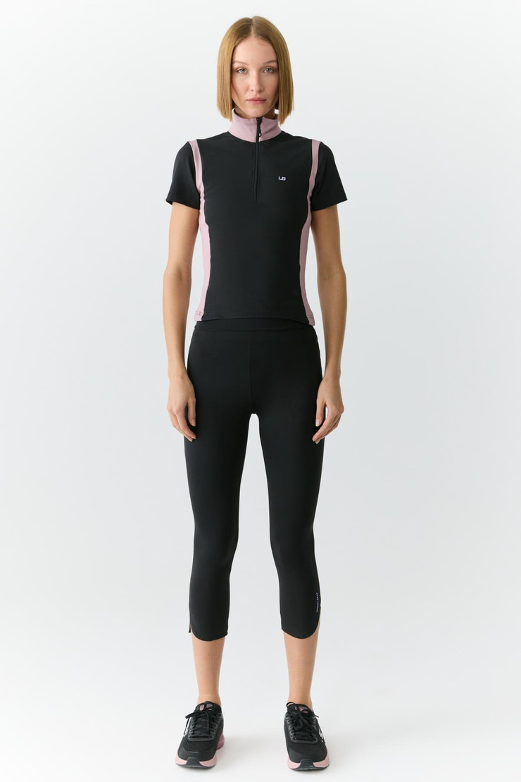 VICKIE Kadın Dik Yakalı Fermuarlı Kısa Kollu Siyah-Gül Kurusu T-Shirt