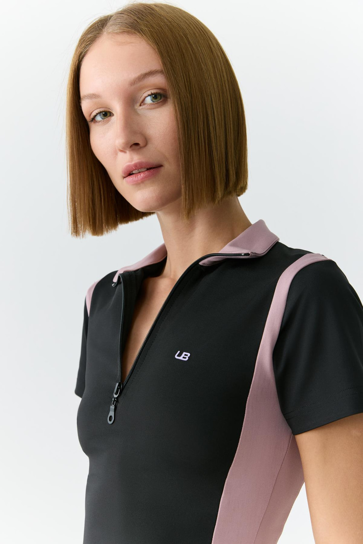 VICKIE Kadın Dik Yakalı Fermuarlı Kısa Kollu Siyah-Gül Kurusu T-Shirt