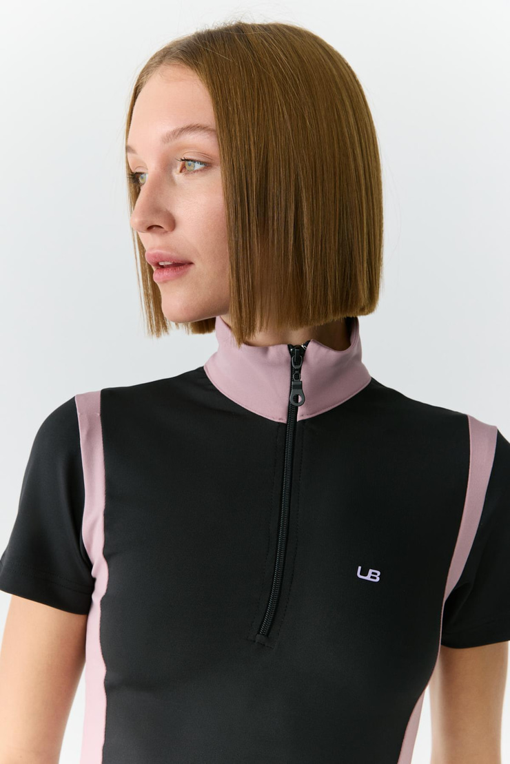 VICKIE Kadın Dik Yakalı Fermuarlı Kısa Kollu Siyah-Gül Kurusu T-Shirt