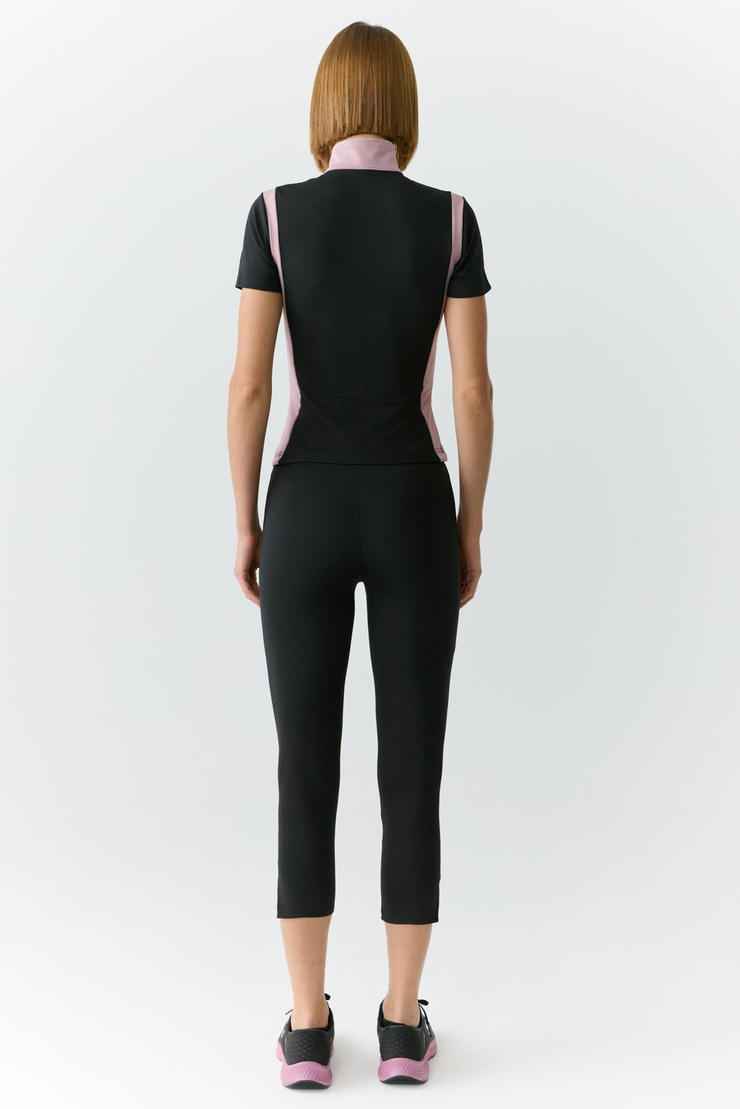 VICKIE Kadın Dik Yakalı Fermuarlı Kısa Kollu Siyah-Gül Kurusu T-Shirt