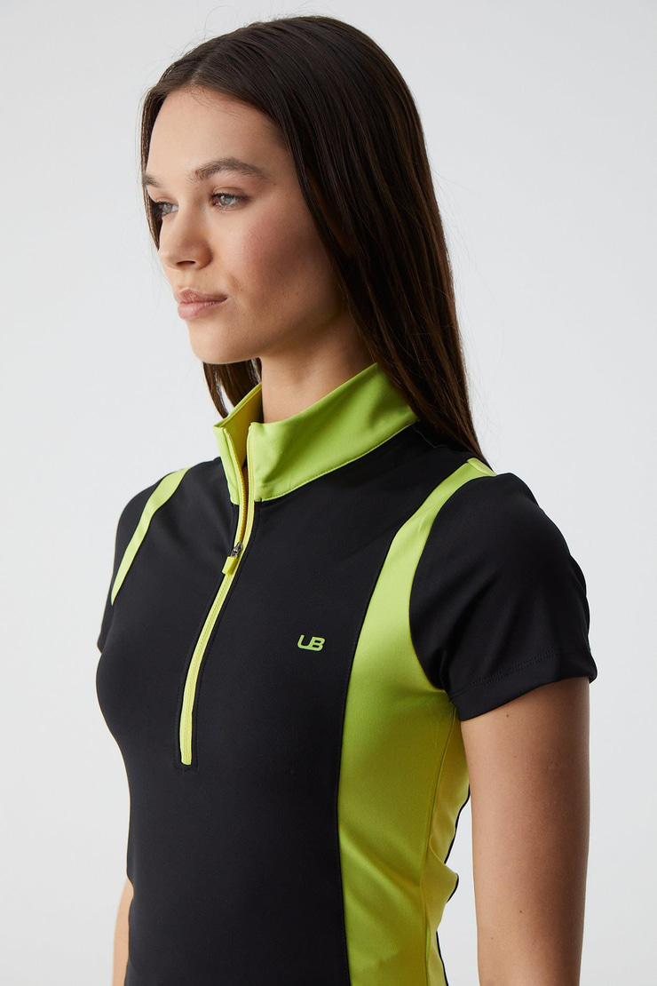 VICKIE Kadın Dik Yakalı Fermuarlı Kısa Kollu Siyah-Fıstık Yeşili T-Shirt